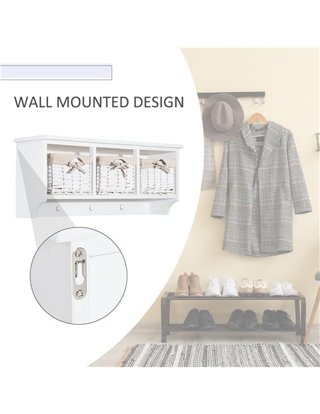 HOMCOM Entryway Coat Rack Wall Mounted Shelf w/Wicker Basket and Hooks (3 Baskets, White) - pic 25526 | FastDaddyshop