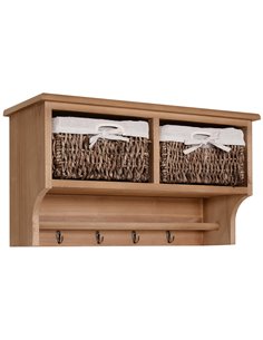 HOMCOM Entryway Wall Mounted Coat Rack with 2 Wicker Baskets and Hooks, Brown 833-299BN