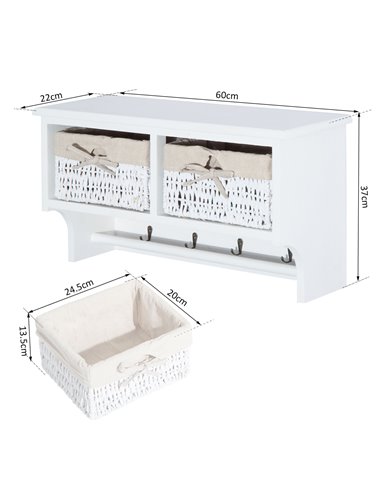 HOMCOM Entryway Wall Mounted Coat Rack with 2 Wicker Baskets and Hooks, White 833-299WT