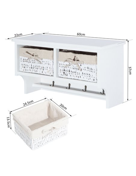 HOMCOM Entryway Wall Mounted Coat Rack with 2 Wicker Baskets and Hooks, White 833-299WT - pic 25541 | FastDaddyshop