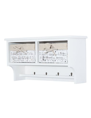 HOMCOM Entryway Wall Mounted Coat Rack with 2 Wicker Baskets and Hooks, White 833-299WT