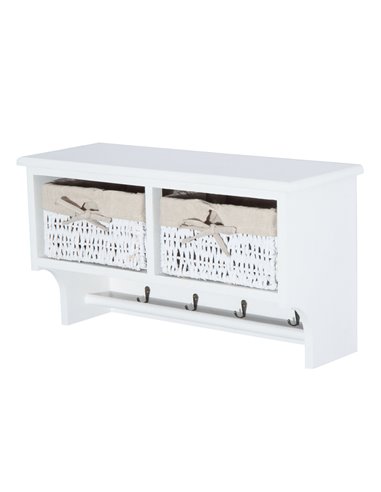 HOMCOM Entryway Coat Rack Wall Mounted Shelf w/Wicker Basket and Hooks (2 Baskets, White)