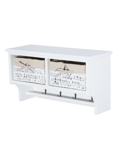 HOMCOM Entryway Coat Rack Wall Mounted Shelf w/Wicker Basket and Hooks (2 Baskets, White) - pic 25543 | FastDaddyshop
