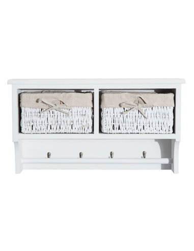 HOMCOM Entryway Coat Rack Wall Mounted Shelf w/Wicker Basket and Hooks (2 Baskets, White)