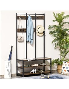 HOMCOM Coat Rack Stand with Hooks, Bench, Rustic Brown and Black 837-110V01 2
