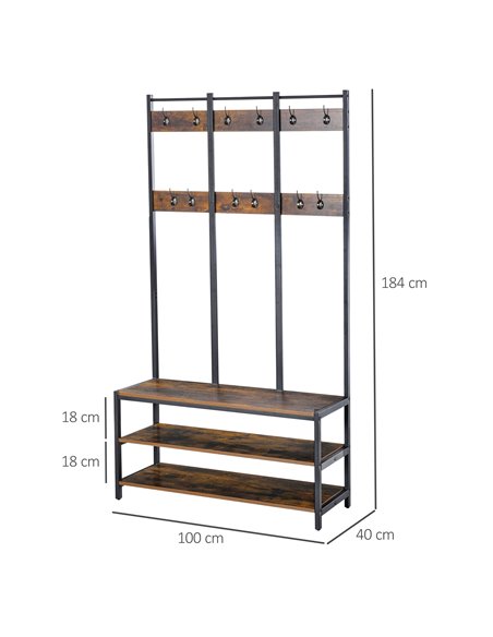 HOMCOM Coat Rack Stand with Hooks, Bench, Rustic Brown and Black 837-110V01 - pic 25595 | FastDaddyshop