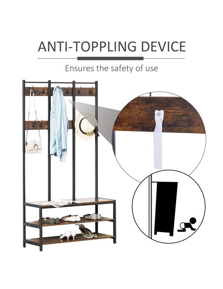 HOMCOM Coat Rack Stand, Free Standing Hall Tree, Coat Stand with Hooks, Bench and Shoe Rack, 100cm x 40cm x 184cm, Rustic Brown  - pic 25596 | FastDaddyshop