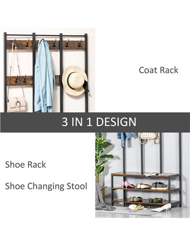 HOMCOM Coat Rack Stand, Free Standing Hall Tree, Coat Stand with Hooks, Bench and Shoe Rack, 100cm x 40cm x 184cm, Rustic Brown 