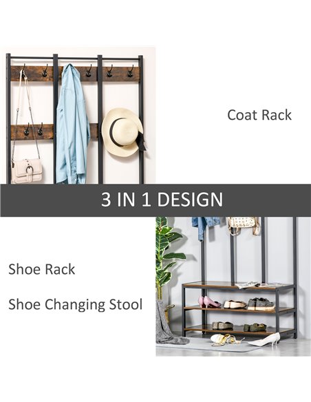 HOMCOM Coat Rack Stand, Free Standing Hall Tree, Coat Stand with Hooks, Bench and Shoe Rack, 100cm x 40cm x 184cm, Rustic Brown  - pic 25597 | FastDaddyshop