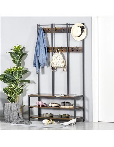 HOMCOM Coat Rack Stand, Free Standing Hall Tree, Coat Stand with Hooks, Bench and Shoe Rack, 100cm x 40cm x 184cm, Rustic Brown 
