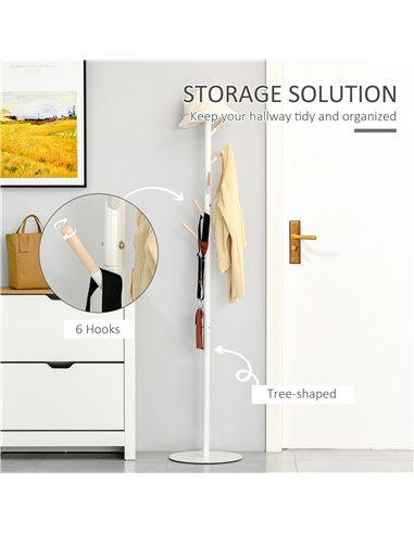 HOMCOM 174cm Free Standing Coat Rack Stand with 6 Hooks, White 831-173V01