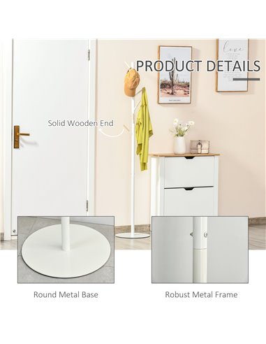 HOMCOM 174cm Free Standing Coat Rack Stand with 6 Hooks Clothes Tree Hat Display Hall Tree Hanger Hanging Organizer White