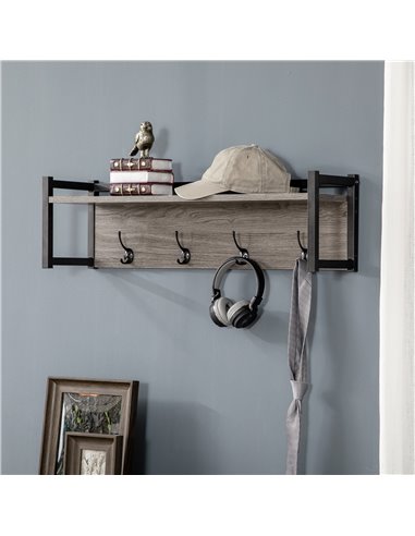 HOMCOM Coat Rack Wall-Mounted with 4 Coat Hooks and Open Storage Shelf, Grey 837-280V00GY
