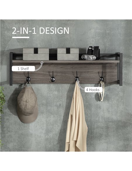 HOMCOM Coat Rack Wall-Mounted with 4 Coat Hooks and Open Storage Shelf, Grey 837-280V00GY - pic 25632 | FastDaddyshop