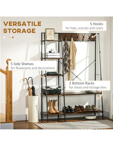 HOMCOM Free Standing Coat Rack Stand with 2-Tier Shoe Rack, Brown 850-271V00BN