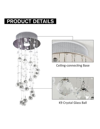 HOMCOM Metal Crystal Ceiling Light Chandelier, Silver B31-087