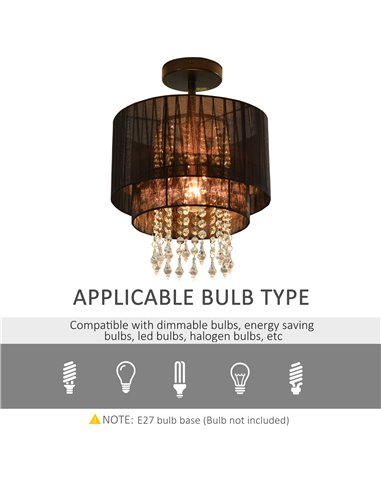 HOMCOM Vintage Metal Ceiling Light Chandelier with 2 Drum Shape Lampshade, Decorative Acrylic Crystal Pendants for Living Room, 