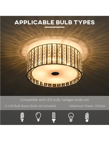 HOMCOM Modern K9 Crystal Chandelier Ceiling Light with Double Layer Lampshade, Round Pendant Light for Living Room, 4 G9 Bulbs
