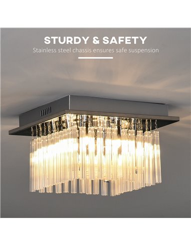 HOMCOM Modern Raindrop K9 Crystal Chandelier, Flush Mount Ceiling Light Fixture, Square Pendant Lamp for Living Room 4 G9 Bulbs 