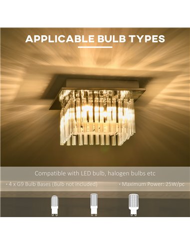 HOMCOM Modern Raindrop K9 Crystal Chandelier, Flush Mount Ceiling Light Fixture, Square Pendant Lamp for Living Room 4 G9 Bulbs 