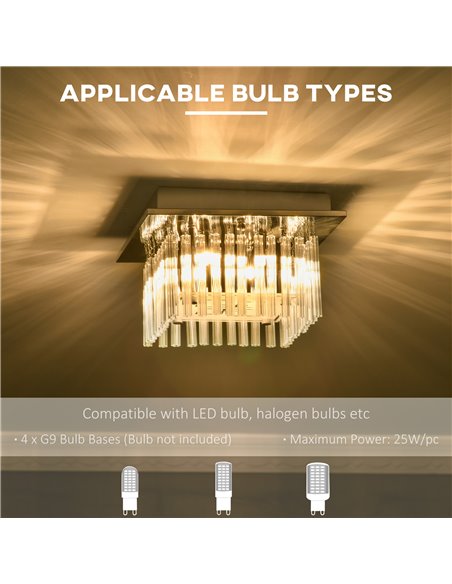 HOMCOM Modern Raindrop K9 Crystal Chandelier, Flush Mount Ceiling Light Fixture, Square Pendant Lamp for Living Room 4 G9 Bulbs  - pic 25733 | FastDaddyshop