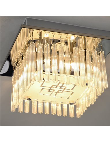 HOMCOM Modern Raindrop K9 Crystal Chandelier, Flush Mount Ceiling Light Fixture, Square Pendant Lamp for Living Room 4 G9 Bulbs 