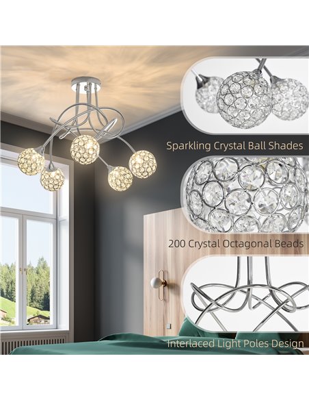 HOMCOM Modern Crystal Ball Chandelier Ceiling Light Pendant Light with 5 Lampshades 5 G9 Bulbs Required Silver - pic 25741 | FastDaddyshop