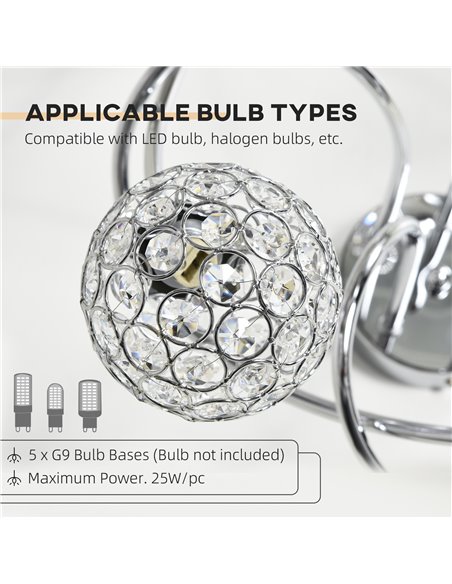 HOMCOM Modern Crystal Ball Chandelier Ceiling Light Pendant Light with 5 Lampshades 5 G9 Bulbs Required Silver - pic 25743 | FastDaddyshop