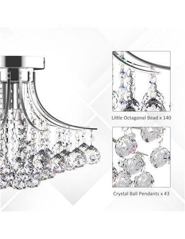 HOMCOM 3 Lights Mordern Style Ceiling Chandelier Pendant Crystal Light w/ Transparent K9 Crystal Droplets D40 X 28H (CM)