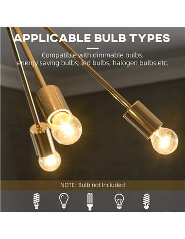 HOMCOM Modern Sputnik Ceiling Lights, 10-Light Chandelier for Bedroom Living Room with E27 Base, 65x65x78.5cm, Gold Tone