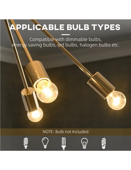 HOMCOM Modern Sputnik Ceiling Lights, 10-Light Chandelier for Bedroom Living Room with E27 Base, 65x65x78.5cm, Gold Tone - pic 25840 | FastDaddyshop