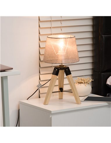 HOMCOM Wooden Tripod Table Lamp with E27 Bulb Base, Grey Shade B31-016GY