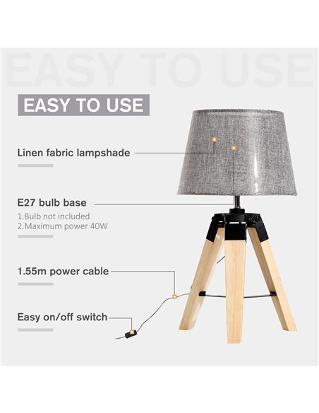 HOMCOM Wooden Tripod Table Lamp with E27 Bulb Base, Grey Shade B31-016GY - pic 25849 | FastDaddyshop