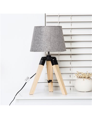 HOMCOM Wooden Tripod Table Lamp with E27 Bulb Base, Grey Shade B31-016GY