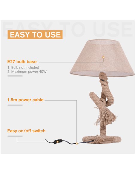 HOMCOM Table Lamp Bedside Light Indispensable Nautical Twisted Rope Glow E27 Bedroom Living Room Beige - pic 25859 | FastDaddyshop