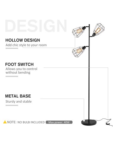 HOMCOM Retro Practical Tree Floor Lamp 3 Angle Adjustable Lampshade Steel Base for Living Room Bedroom Office Black 165cm