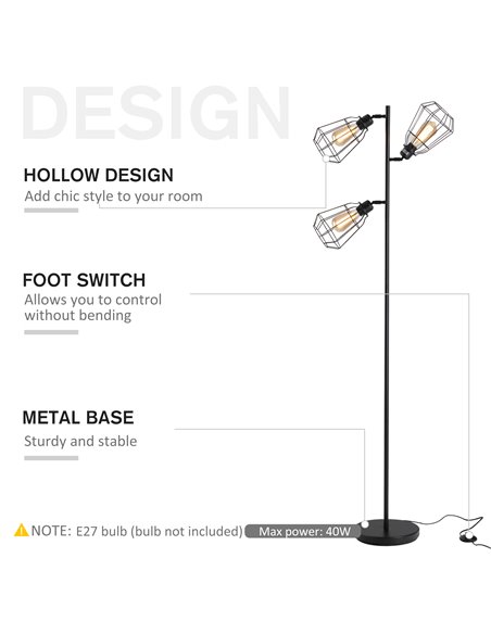 HOMCOM Retro Practical Tree Floor Lamp 3 Angle Adjustable Lampshade Steel Base for Living Room Bedroom Office Black 165cm - pic 25867 | FastDaddyshop