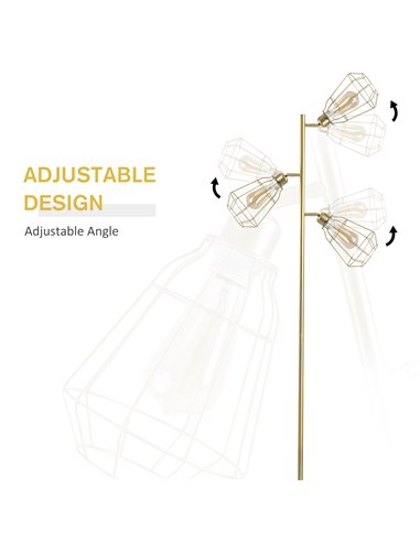 HOMCOM Retro Practical Tree Floor Lamp 3 Angle Adjustable Lampshade Steel Base for Living Room Bedroom Office Gold 165cm