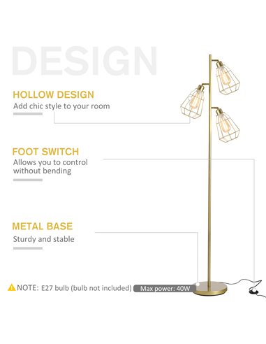 HOMCOM Retro Practical Tree Floor Lamp 3 Angle Adjustable Lampshade Steel Base for Living Room Bedroom Office Gold 165cm