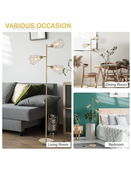 HOMCOM Retro Practical Tree Floor Lamp 3 Angle Adjustable Lampshade Steel Base for Living Room Bedroom Office Gold 165cm - pic 25877 | FastDaddyshop