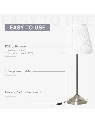 HOMCOM Modern Table Lamp with Pleated Fabric Lampshade, White and Silver B31-271