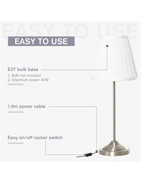 HOMCOM Modern Table Lamp with Pleated Fabric Lampshade, White and Silver B31-271 - pic 25912 | FastDaddyshop
