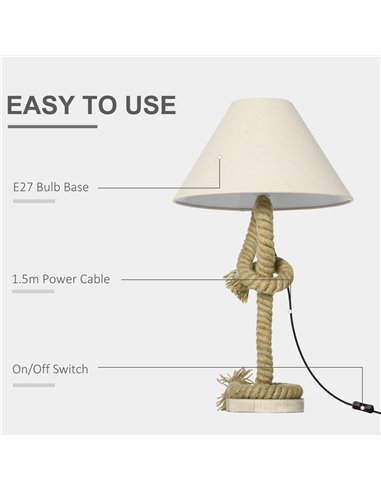 HOMCOM Nautical Style Table Lamp with Fabric Lampshade, Twisted Rope Bedside Lamp for Bedroom, Study, Living Room, Beige