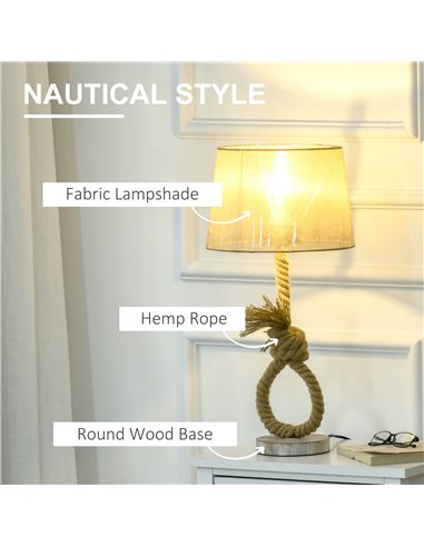 HOMCOM Nautical Table Lamp, Farmhouse Bedside Lamp with Knotted Rope and Fabric Lampshade for Bedroom, Study, Living Room, Beige