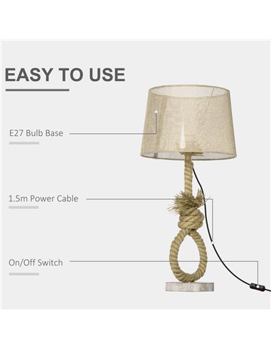 HOMCOM Nautical Table Lamp, Farmhouse Bedside Lamp with Knotted Rope and Fabric Lampshade for Bedroom, Study, Living Room, Beige