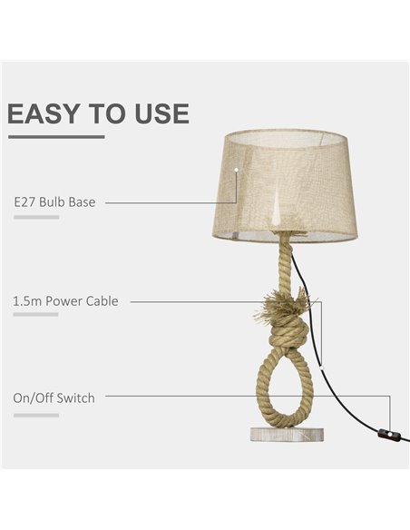 HOMCOM Nautical Table Lamp, Farmhouse Bedside Lamp with Knotted Rope and Fabric Lampshade for Bedroom, Study, Living Room, Beige - pic 25948 | FastDaddyshop