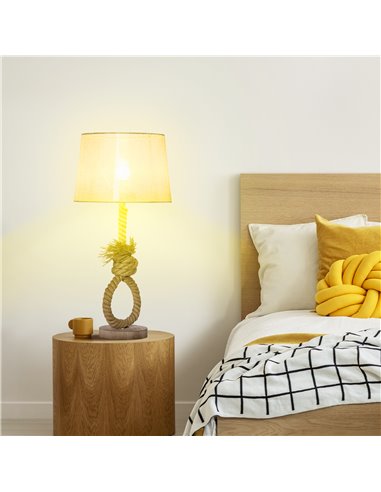 HOMCOM Nautical Table Lamp, Farmhouse Bedside Lamp with Knotted Rope and Fabric Lampshade for Bedroom, Study, Living Room, Beige