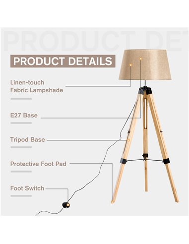 HOMCOM Tripod Floor Lamp E27 Bulb Compatible, Cream Shade B31-014CW