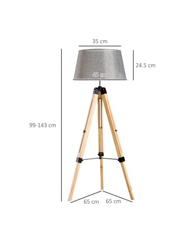 HOMCOM Tripod Floor Lamp E27 Bulb Compatible, Grey Shade B31-014GY