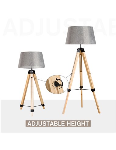 HOMCOM Tripod Floor Lamp Wooden Adjustable Modern Illumination Design E27 Bulb Compatible (Grey Shade) 99-143H